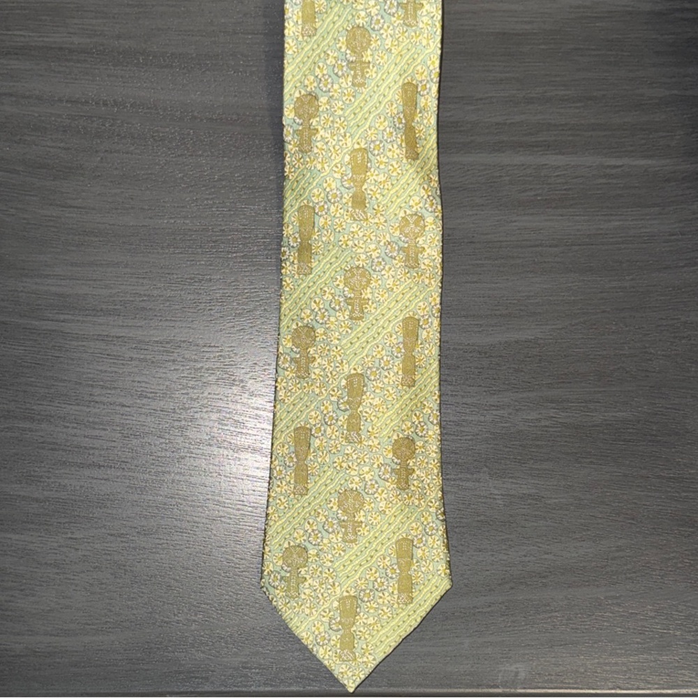 Hermès African Mask Green and Gold Silk Tie
